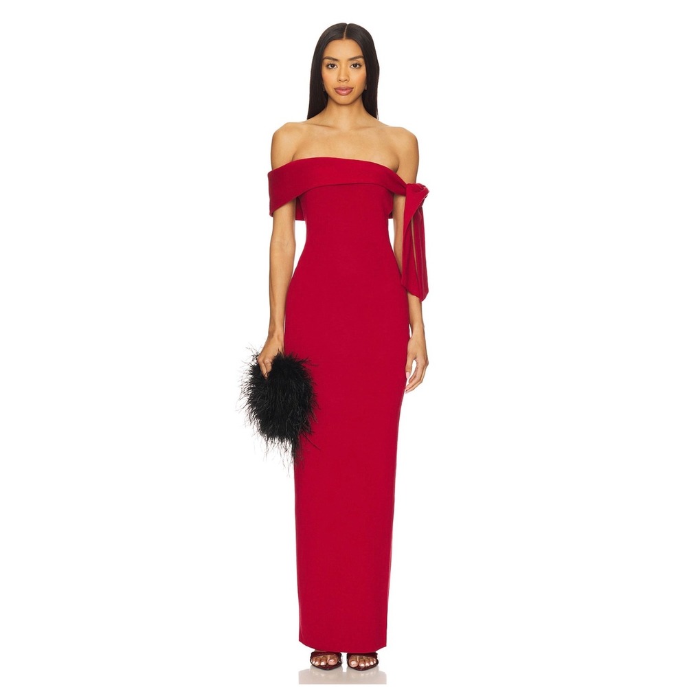 SNDYS Jaymes Maxi Dress Deep Red Off Shoulder‎ Side Tie Knit Gown Size M NEW